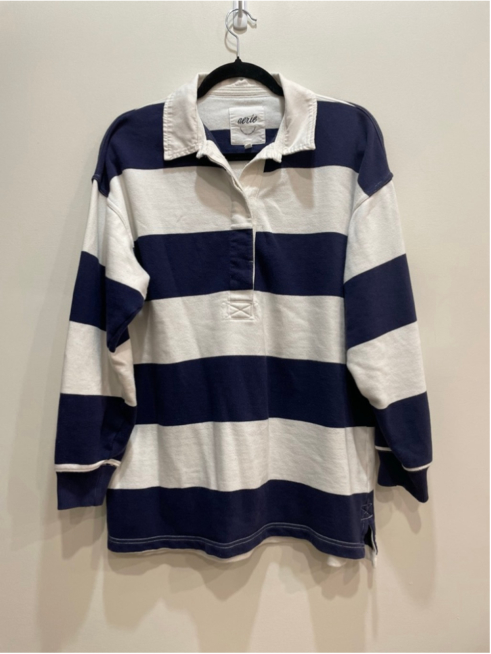 Aerie Long Sleeve Pep Rally Rugby Sweatshirt S Navy White Striped Preppy Coastal - Picture 2 of 7